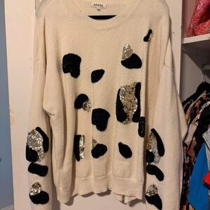 ADORA Cream Crewneck Sweater with Black Spots & Gold Sequins